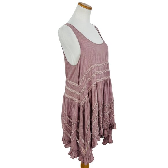 Free People Pink Tiered Ruffle Voile & Lace Mini Slip Dress | Cottagecore Boho M - Picture 12 of 16
